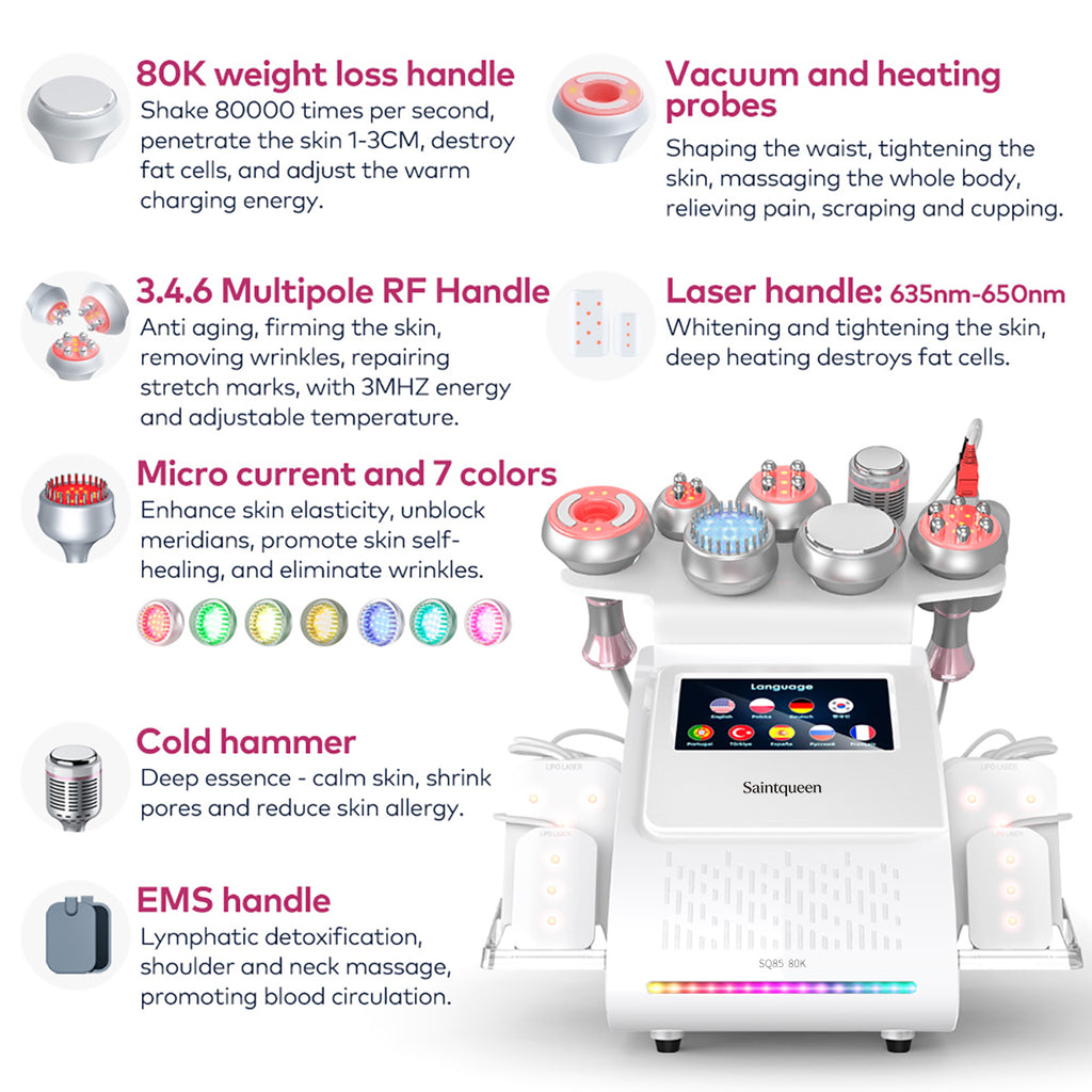 SQ85D Plus 9-in-1 cavitatieapparaat met laserpads en EMS