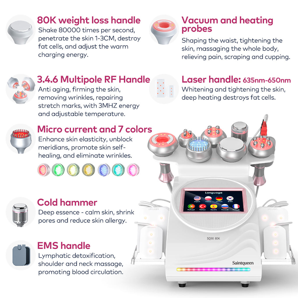 SQ90D Plus 9-in-1 cavitatieapparaat met laserpads en EMS