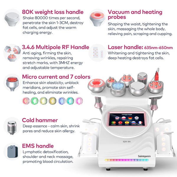 SQ90D Plus 9-in-1 cavitatieapparaat met laserpads en EMS