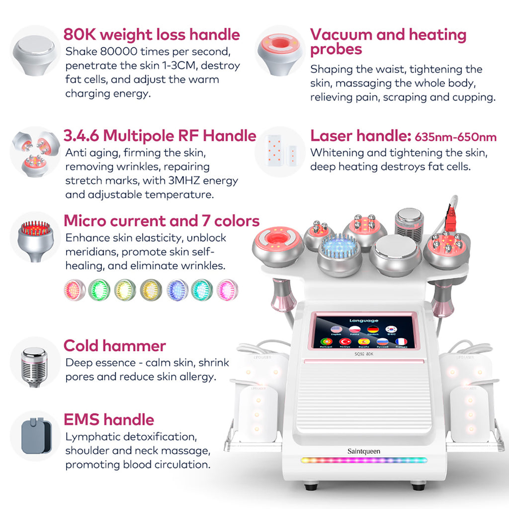 SQ92D Plus 9-in-1 cavitatieapparaat met laserpads en EMS