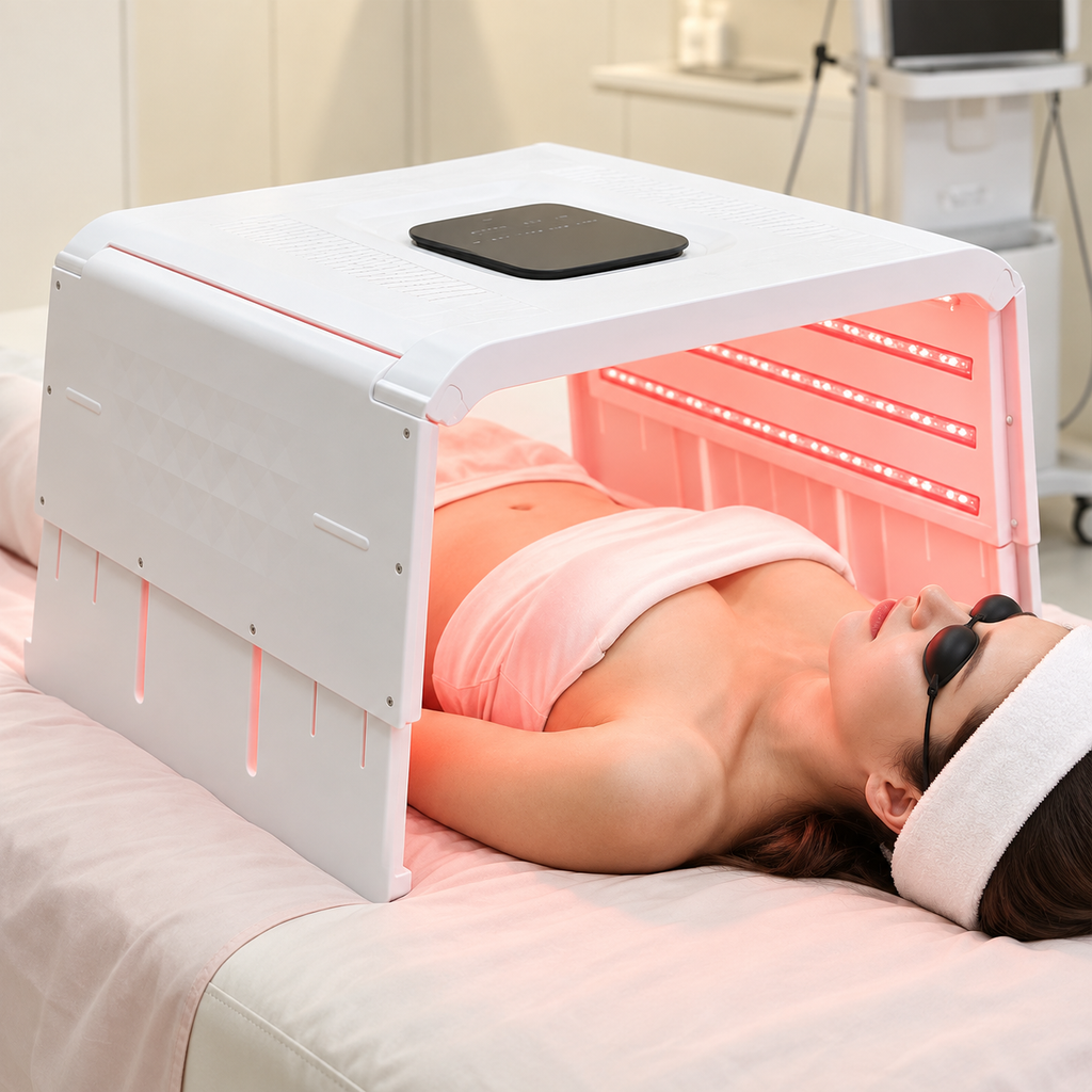 SQ22 rectangular light dome fully unfolded on a bed with the user wearing protective goggles